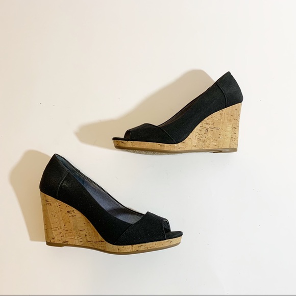 Toms Shoes - Toms Black Canvas Peep Toe Cork Wedges Sz 9